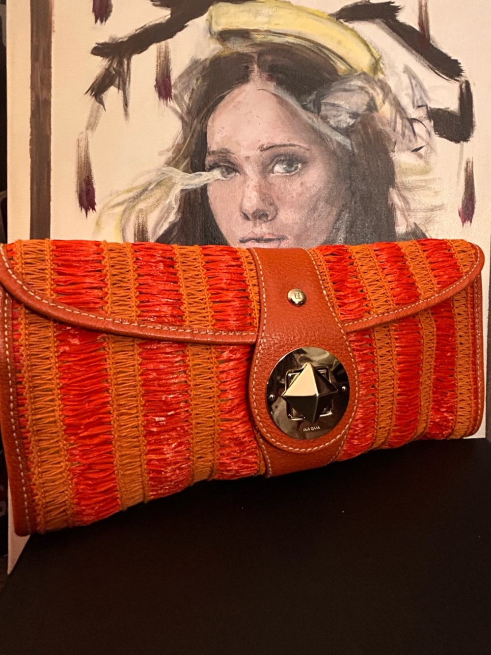Kate Spade Woven Orange Straw Clutch with Leather Trim